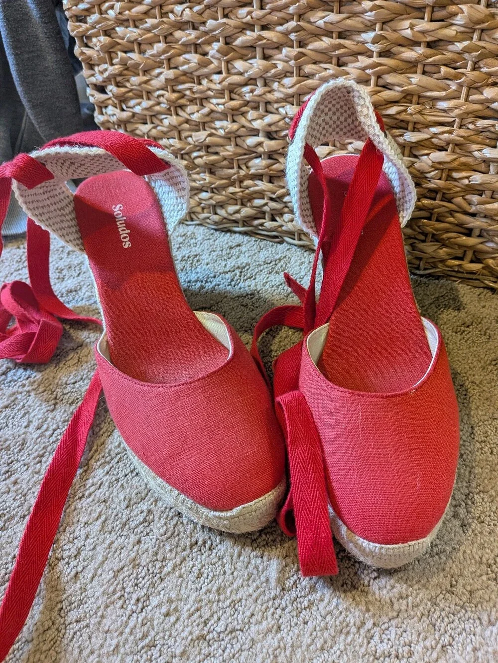 Soludos Red Canvas Espadrille Wedge Ankle Tie Sandals